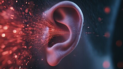 Aufkleber - Visualizing sound waves entering the human ear through dynamic red and orange streaks of light, illustrating the intricate mechanisms of auditory perception and hearing