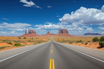 desert highway vanishing into monument valley under a blue sky