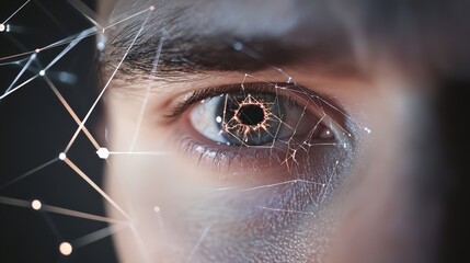 Poster - Close up of a human eye showcasing futuristic vision, featuring a digital network connection overlaid on the iris, symbolizing technological enhancement or visual data analysis