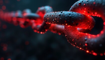 Poster - Abstract image of glowing red chain link. Dark background emphasizes vibrant red light emanating from metallic links. Chain link pattern three dimensional form, closeup view. Red light highlights