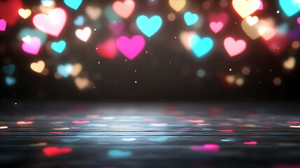 romantic heart bokeh on dark reflective surface creating dreamy glowing ambiance with pink blue ligh