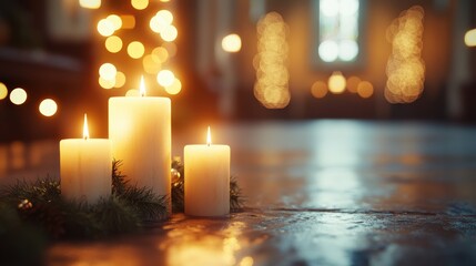 Wall Mural - Warm and Inviting Advent Candle Arrangement with Christmas Lights for a Festive Atmosphere in a Cozy Interior Setting