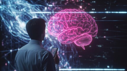 Poster - businessman interacting with digital 3d projection of a human brain, showcasing advanced technology 