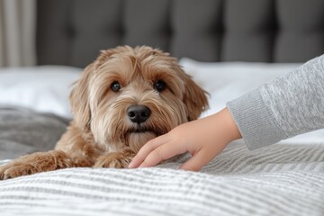 Wall Mural - A curious dog reaches out toward a child's hand on a patterned blanket, encapsulating the playful and explorative relationship between pets and their young friends.