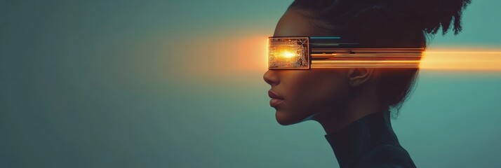 Aufkleber - Profile of a woman wearing futuristic glasses emitting a beam of light, experiencing virtual reality or augmented reality in a technological and futuristic environment