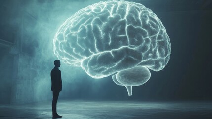Poster - businessman interacting with digital 3d projection of a human brain, showcasing advanced technology 
