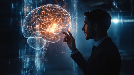 Poster - businessman interacting with digital 3d projection of a human brain, showcasing advanced technology 