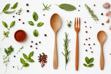 Wall Mural - Flatlay Herbs, spices, wooden utensils, white background, cooking