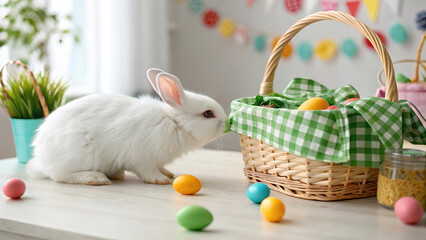Poster - Cute white bunny on kitchen table with basket of easter eggs with copy space.