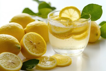 Wall Mural - Refreshing lemon drink, sliced lemons, white background, summer