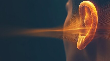 Poster - Golden streams of sound waves are entering a human ear, symbolizing the process of auditory perception and the intricate mechanisms of hearing
