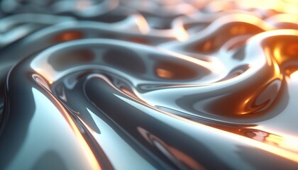 Aufkleber - Abstract metallic fluid forms with glossy chrome texture. Fluid shapes resemble liquid metal futuristic alloy. Shimmering effect evokes futuristic design. Reflective surface modern design concept.