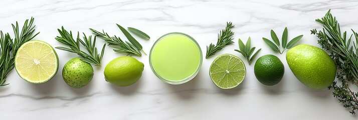 Wall Mural - Fresh Ingredients for Detoxification A Top-Down View of Citrus, Herbs and Healthy Green Drink