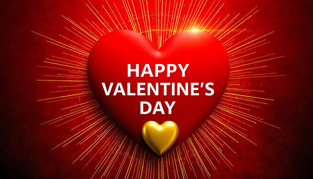  Happy Valentine's Day greeting card with Golden Heart Rays, , a Valentine's Day card or love letter, banner, poster for website, Valentine's day concept,love, affection, generative ai