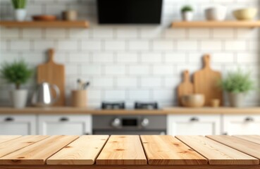 Poster - Empty wooden table top in modern kitchen. Blurred background shows white brick wall, kitchen cabinets. Natural wood grain of table top visible. Clean, bright home interior. Suitable for product
