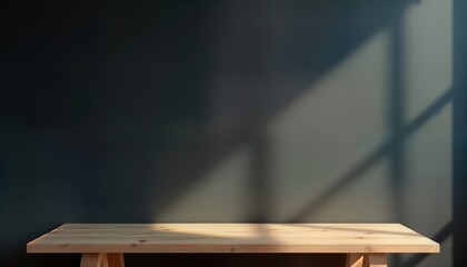 Aufkleber - Empty wooden table in front of dark wall. Sunlight casts shadows on table, wall. Simple, modern design. Ideal for products displaying decorations. Natural wood tones complement dark backdrop. Modern