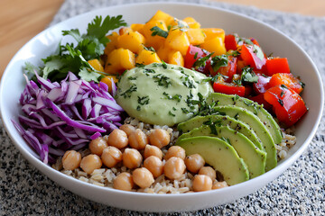 Poster -  a vibrant vegan grain bowl with farro, roasted vegetables, chickpeas,