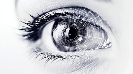 Poster - Close up of an eye with futuristic digital lines and circles, representing advanced technology in vision correction, futuristic concepts, or eye health