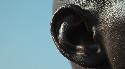 Poster - Close up of a human ear against a clear blue sky, highlighting the intricate details of the outer ear and emphasizing the sense of hearing and the perception of sound
