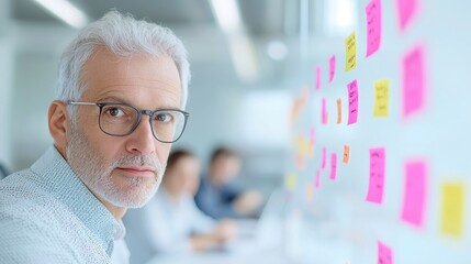 Poster - Business brainstorming session, professional man shares innovative project ideas with account director and creative manager in contemporary office, collaborative atmosphere, open layout
