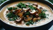 © AFFANYUDA - Creamy mushroom soup, kale garnish, dark bowl, kitchen setting, recipe blog