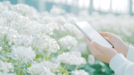Poster - Smartphone Interaction, a hand poised over a smartphone screen, inviting technology engagement, showcasing a moment of digital connectivity and user interaction in a modern setting