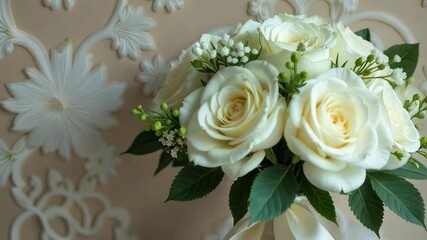 Poster - A bouquet of white roses with green leaves. The roses are arranged in a vase. The vase is placed on a table