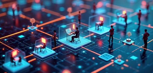 miniature people work collaboratively on modern tech. use computers, connected by tech network. agil