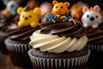 Canvas Print - A detailed close-up of freshly baked cupcakes with colorful sprinkles and cute animal-shaped toppers, arranged on a rustic wooden table,