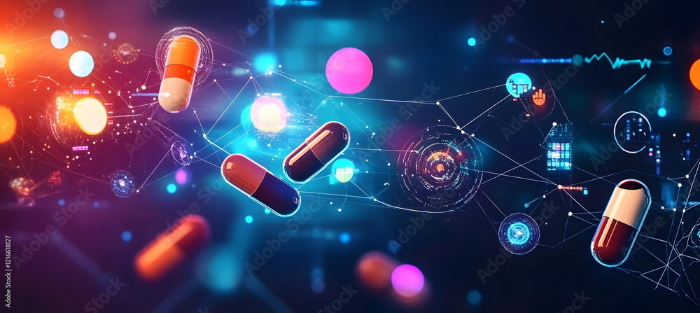 Intelligent pharma analytics powered AI visualized in a detailed vector ...