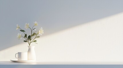 Poster - Serene Workspace, an organized desk with minimal clutter, warm ambient light filtering through a window, inviting atmosphere for productivity and creativity