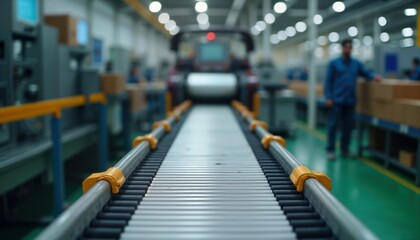 Aufkleber - Industrial conveyor belt transports goods in a factory setting. Machinery operates in the background. Workers are monitoring the process. Minimalist design highlights the manufacturing flow.