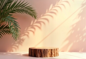 Poster - Empty wooden pedestal podium sits against backdrop of pink palm leaf shadow on beige wall. Natural light creates warm ambiance. Ideal for displaying products tropical themes in minimal setting.