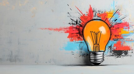 Poster - celebration of science and technology day, Vibrant Lightbulb Icon in Contemporary Drawing Style with Colorful Artistic Background and Dynamic Composition