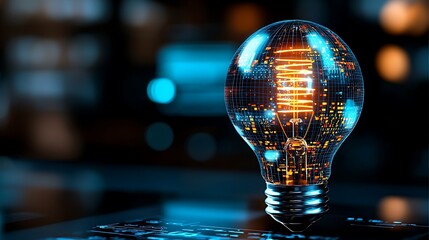 Poster - celebration of science and technology day, Enlightening Concept of a Glowing Lightbulb with Digital Elements for Modern Innovation and Technology Themes