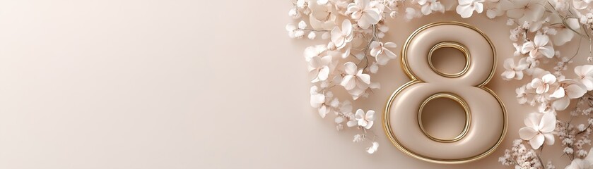 Poster - Golden number eight features intricate floral decorations against a light beige backdrop. The soft lighting highlights the elegance of this stylish numeral, ideal for various celebrations