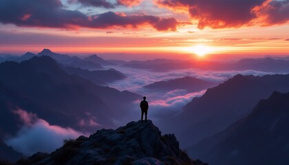 Wall Mural - Silhouette of Man on Mountain Peak at Sunrise: Dramatic Landscape Photography