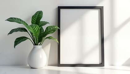 Poster - Empty black picture frame on white wall. Green plant in white vase stands beside frame. Modern interior design mock-up. Home decor presentation. Stylish room setting. Clean design template. Suitable