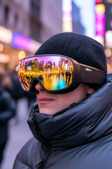 Poster - A visually impaired person using a wearable computer vision device to navigate a busy city street, highlighting the integration of technology and accessibility,