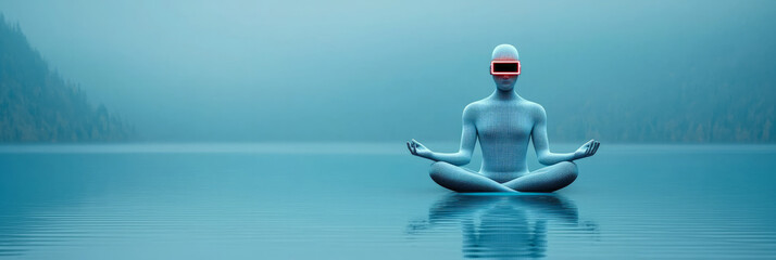 Poster - A serene image of a blind person meditating with the assistance of computer vision technology that monitors and provides feedback on their environment,