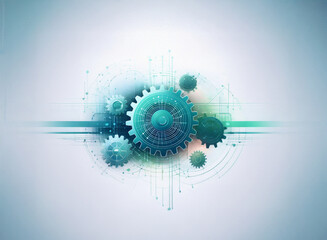 Fototapete - Abstract digital art featuring interconnected gears on a grainy paper texture background.  The teal gears suggest technological advancement and precision.