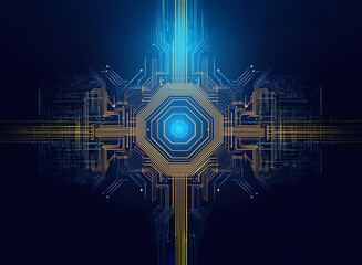 Aufkleber - Abstract digital artwork.  A griany, paper-textured central octagon glows, connected by intricate circuitry lines on a deep blue background.  The design is symmetrical and evokes technological themes.