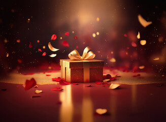 Poster - A golden gift box with a gold ribbon sits on a dark, grainy paper-textured surface, surrounded by floating red and gold petals.  A warm light illuminates the scene.