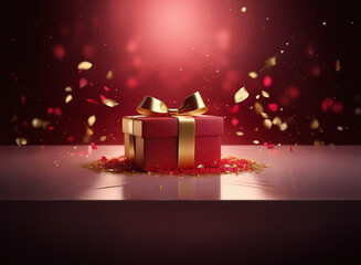 Poster - A red gift box with a gold ribbon sits on a glossy surface, surrounded by falling gold and red confetti. The grainy paper texture adds a touch of elegance.