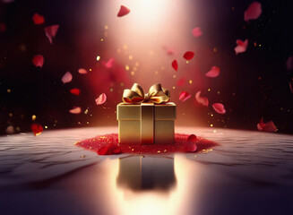 Poster - A golden gift box with a gold ribbon sits on a grainy, textured paper surface amidst falling rose petals, bathed in warm light.  Its reflection shimmers below.