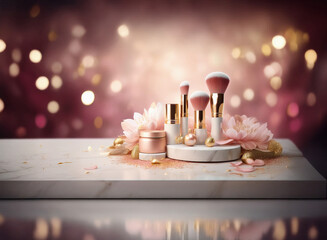 Poster - Makeup brushes and cosmetics displayed on a grainy, textured paper-like marble surface, adorned with pink flowers and gold accents against a bokeh background.