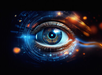 Aufkleber - A close-up of a digital eye, glowing with vibrant circuitry. The grainy paper texture adds a unique contrast to the high-tech aesthetic.  The image is dark, emphasizing the eye's luminescence.