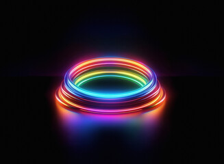 Poster - Vibrant, rainbow-hued neon rings stacked on a dark, reflective surface.  The griany paper texture is subtly implied by the image's rendering.