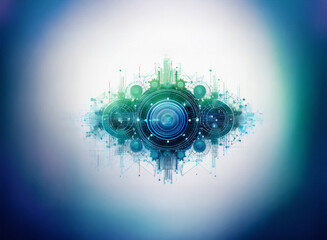 Fototapete - Abstract digital artwork featuring a grainy paper texture, teal and blue concentric circles, and cityscape elements.  The design is symmetrical and evokes a sense of technology and data flow.