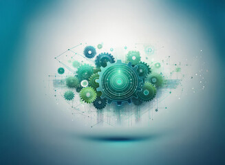 Fototapete - Abstract graphic design featuring a cluster of interconnected gears on a grainy paper texture background.  The teal and green color scheme evokes a sense of technology and precision.
